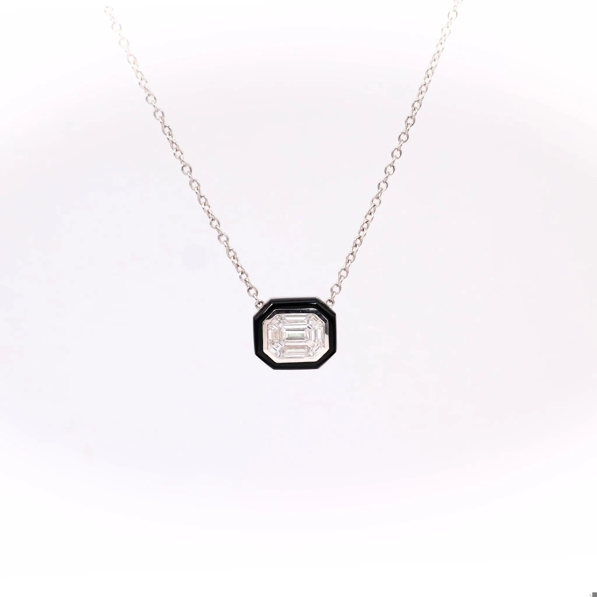 0.63 Carat Total Weight Diamond Onyx 18k White Gold Pendant Necklace