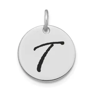 14k White Gold Polished Rhodium Black Epoxy Finish Letter T Initial Disk Shape Charm Pendant