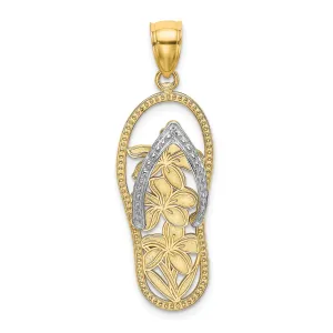 14K Yellow Gold, White Rhodium Polished Finish Flat Back Flowers In Flip Flop Design Sandle Charm Pendant