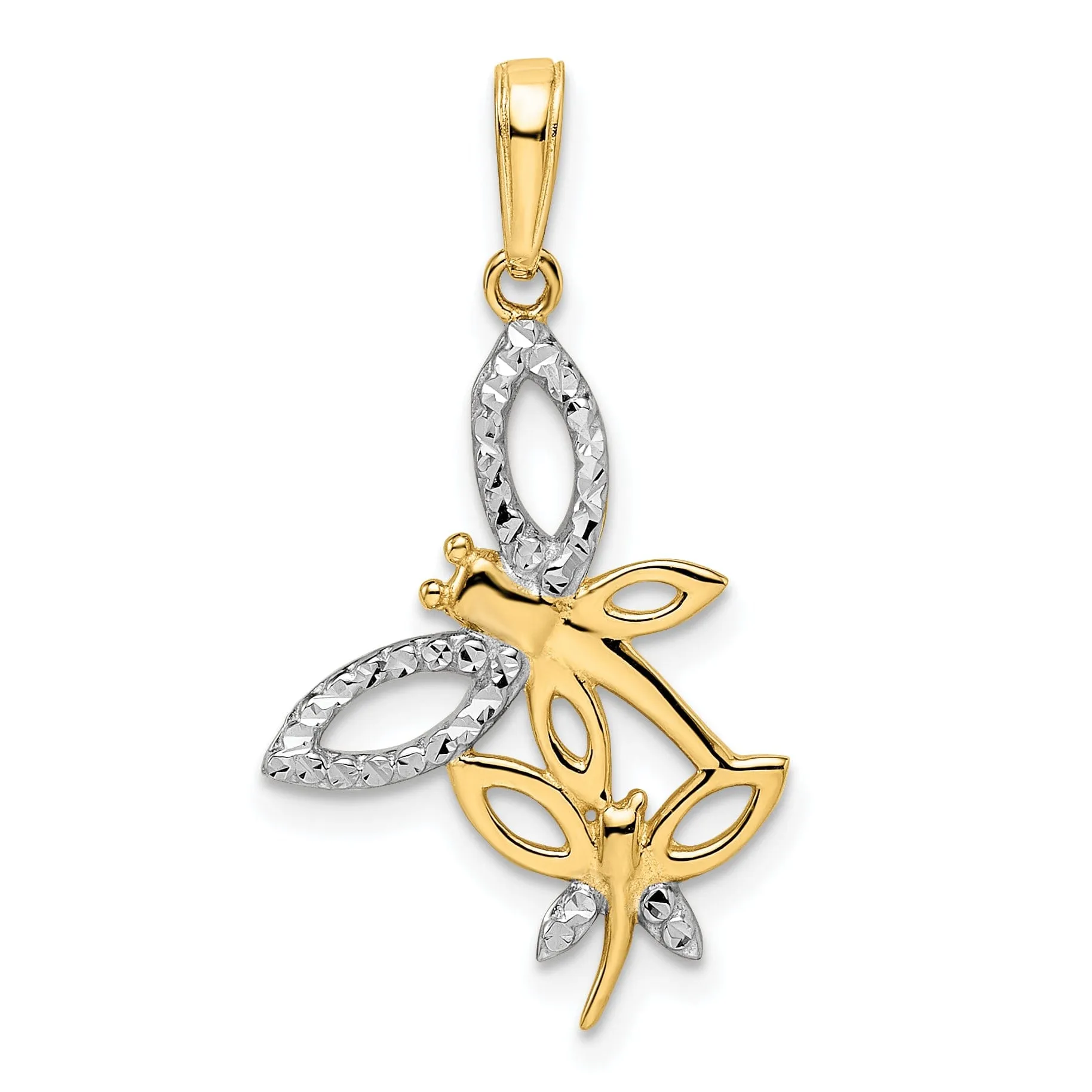 14k Yellow Gold White Rhodium Solid Flat Back Diamond Cut Polished Finish Two Dragonflies Design Charm Pendant