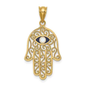 14K Yellow Golid Polished Texture Enameled Finish Hamsa Pendant