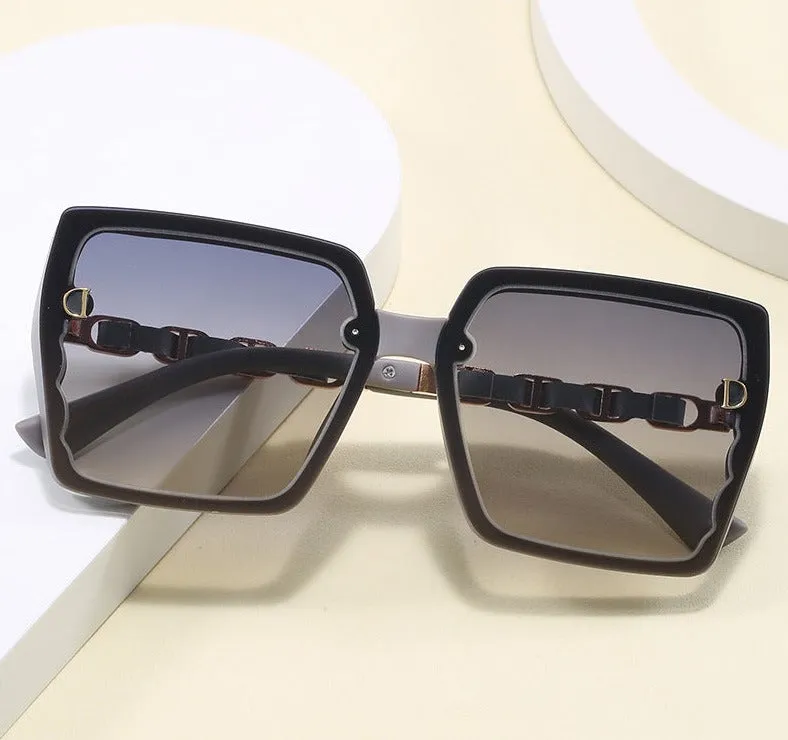 2024 New Square Large Frame Metal Leather Leg Sunglasses Female Internet Celebrity Anchor Same Style Anti-UV Sunglasses