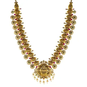 22K Antique Gold Temple Necklace w/ CZ, Emerald, Ruby & Pearl (88.3gm)