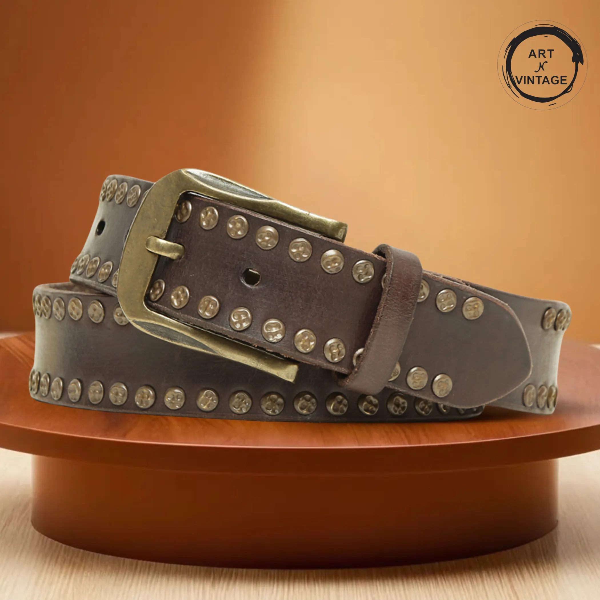 Art N Vintage Premium Brown Genuine Leather Studded Men's Belt - Stylish & Durable