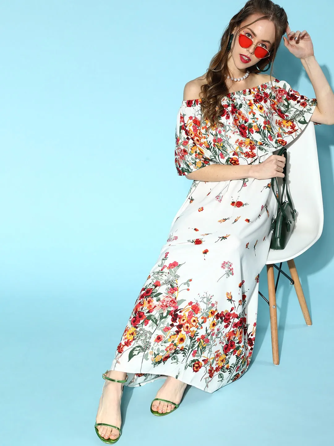 Berrylush Women White & Red Floral Printed Off-Shoulder Neck Crepe Layered Maxi Dress