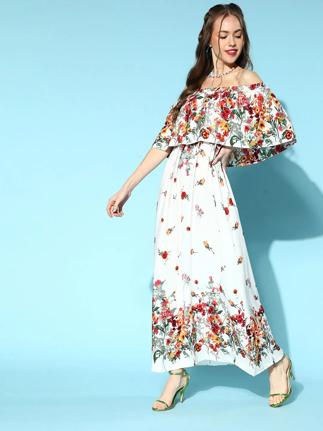 Berrylush Women White & Red Floral Printed Off-Shoulder Neck Crepe Layered Maxi Dress