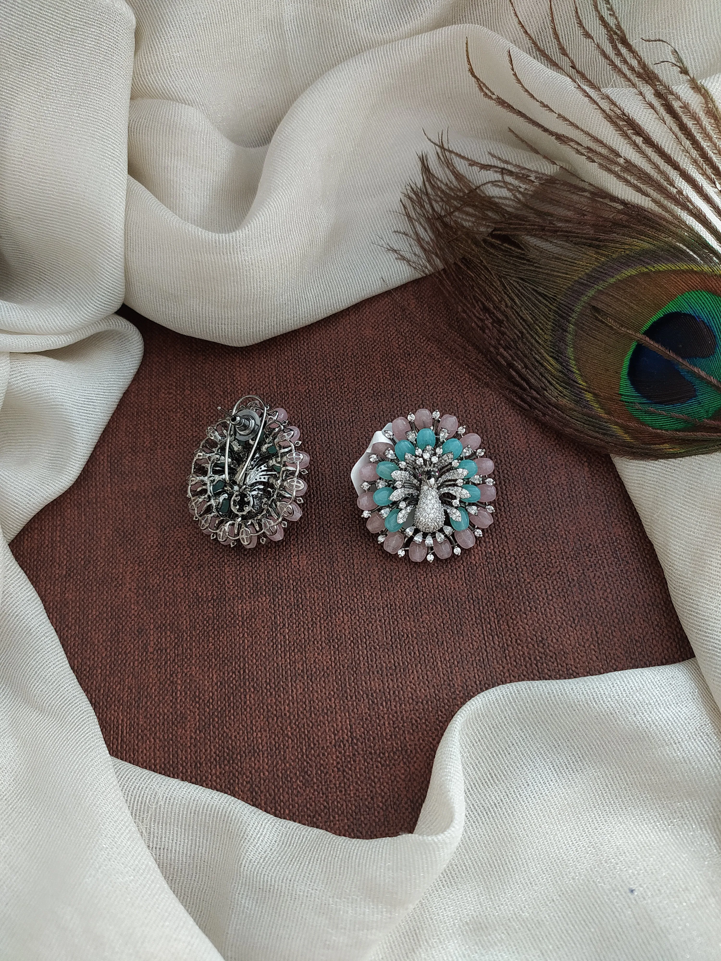 Black Rhodium Victorian Diamond Peacock Studs with Beads and Zircon Stones