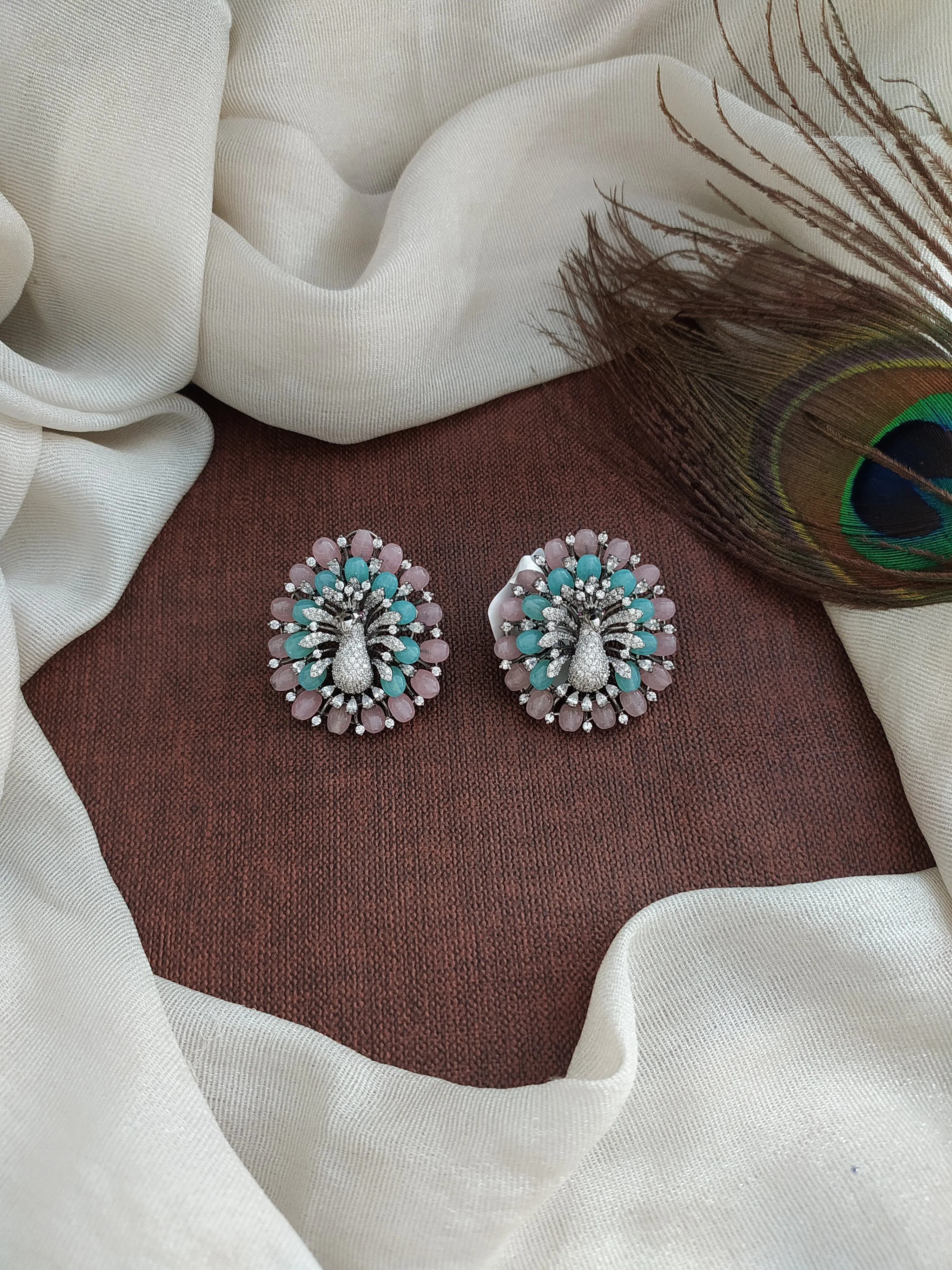 Black Rhodium Victorian Diamond Peacock Studs with Beads and Zircon Stones