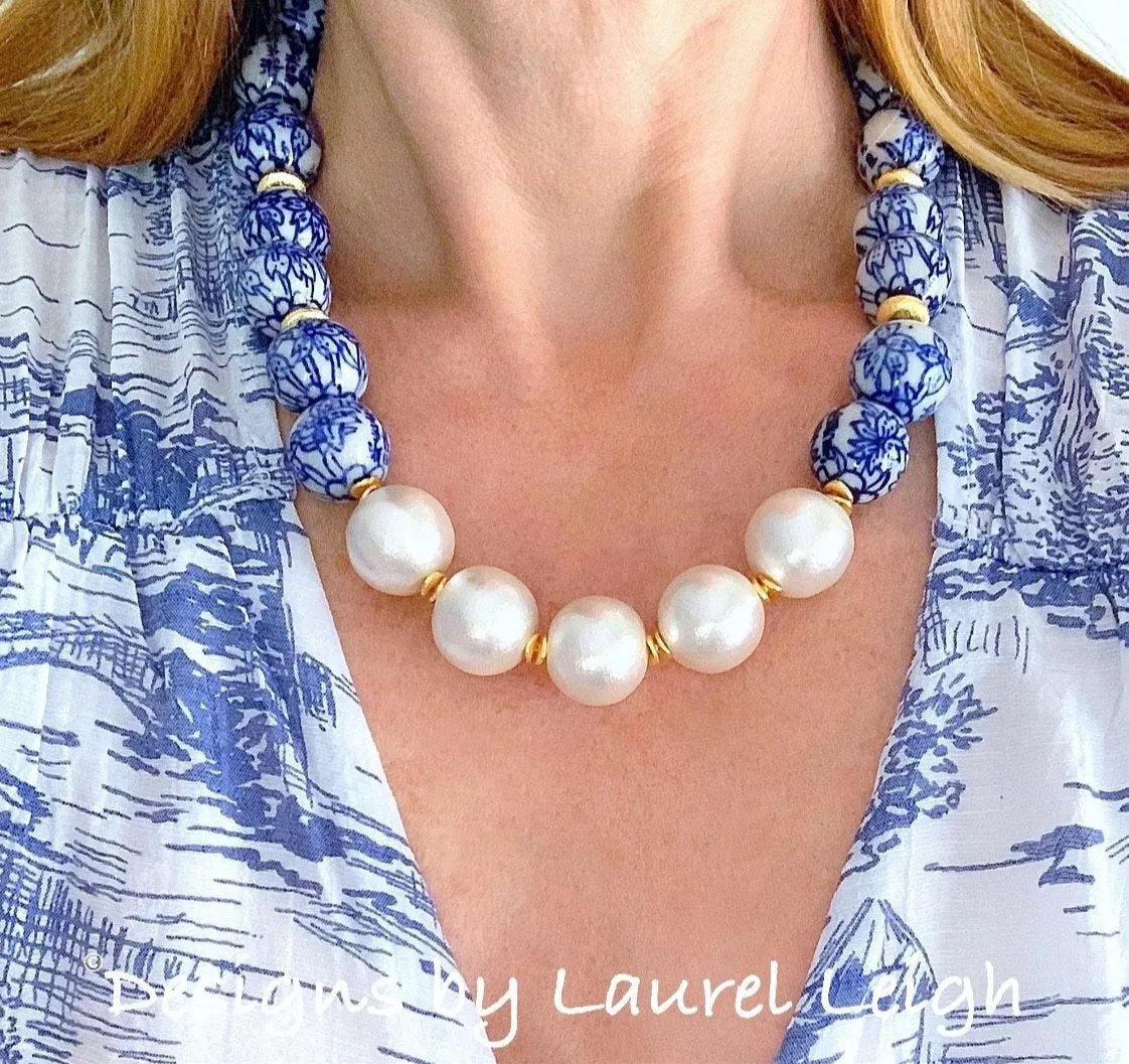 Blue & White Chinoiserie Pearl Necklace