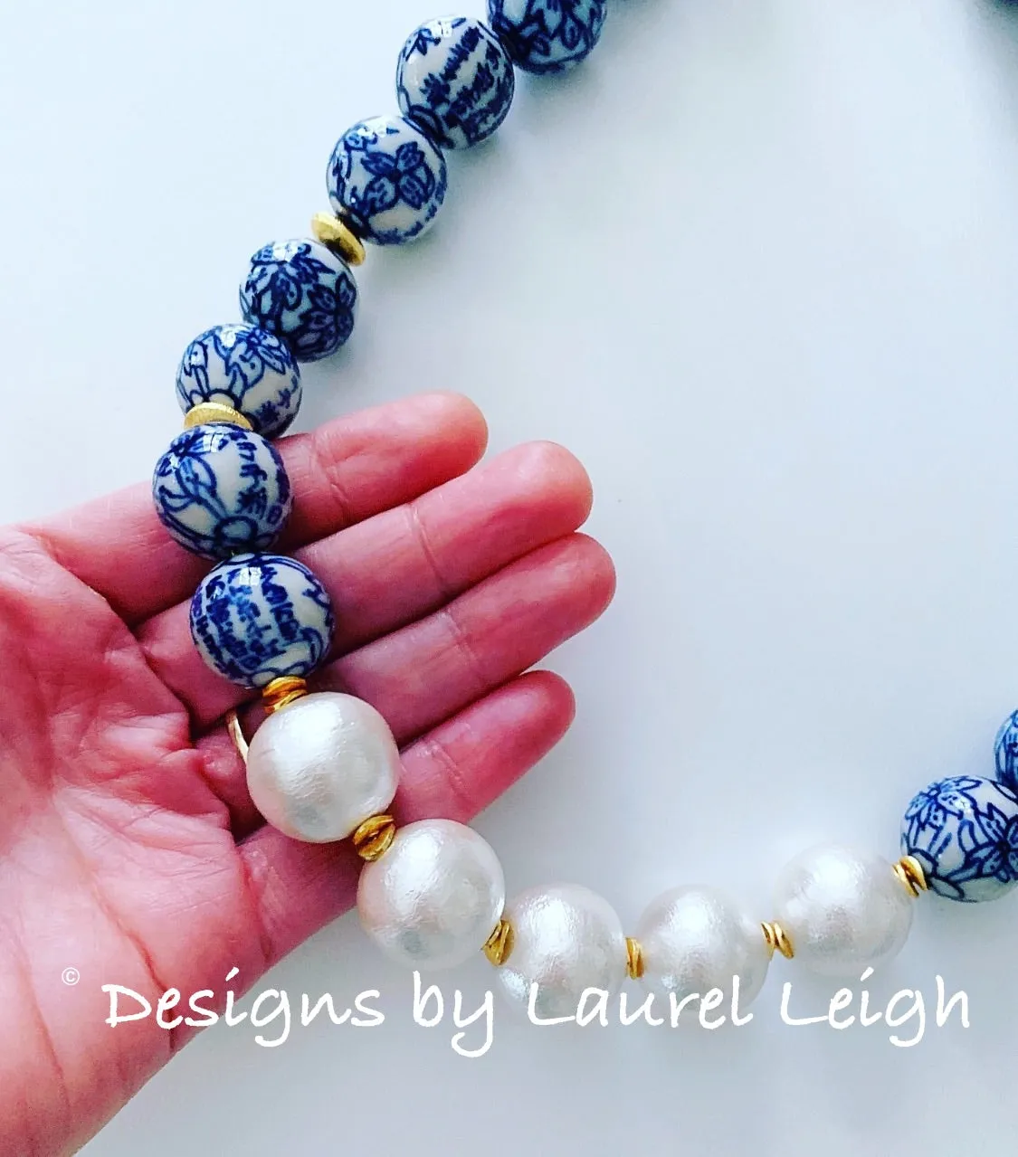 Blue & White Chinoiserie Pearl Necklace