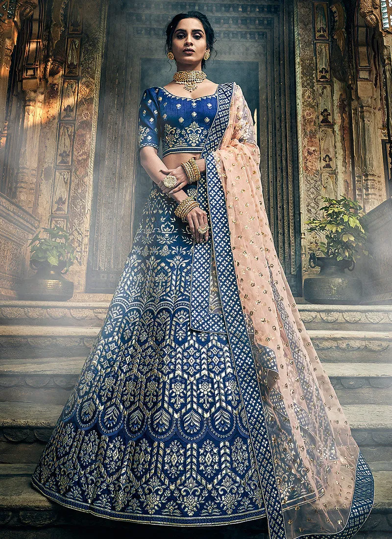 Blue And Peach Embroidered Wedding Lehenga Choli