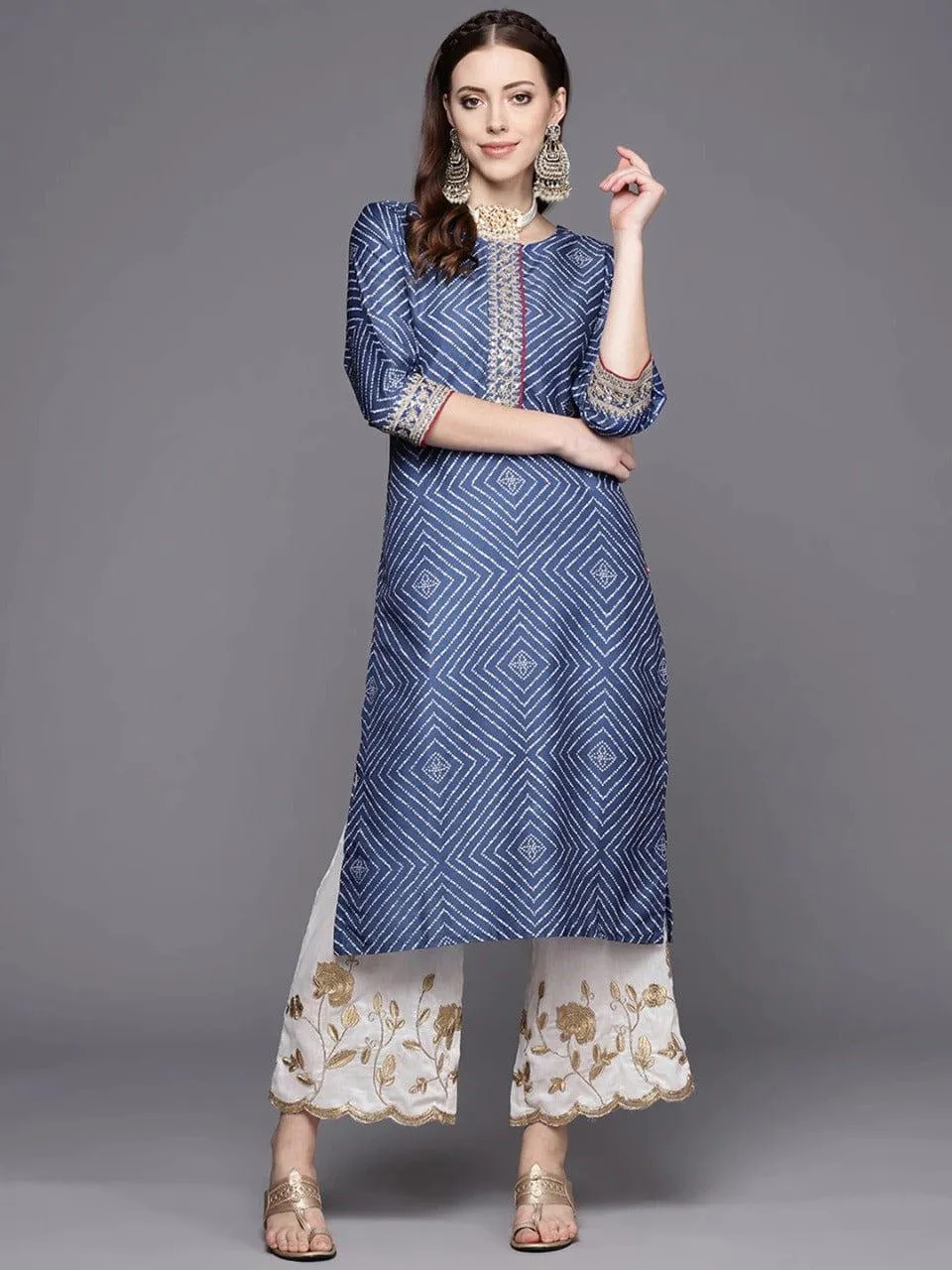 Blue And White Bandhej Printed Kurta With Cording And Sequins Embroidery