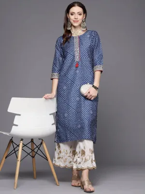 Blue And White Bandhej Printed Kurta With Cording And Sequins Embroidery