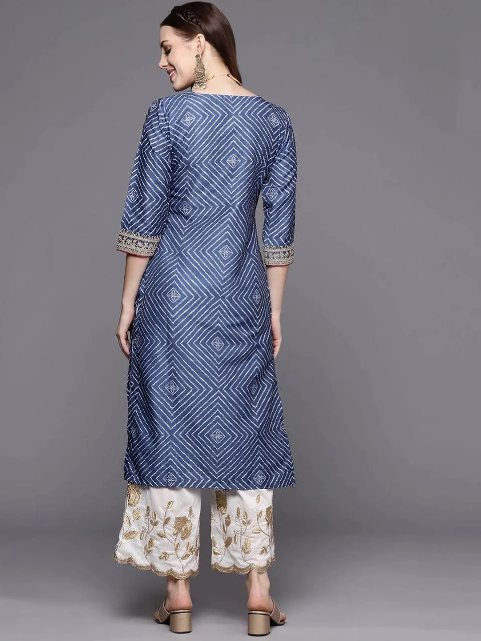 Blue And White Bandhej Printed Kurta With Cording And Sequins Embroidery