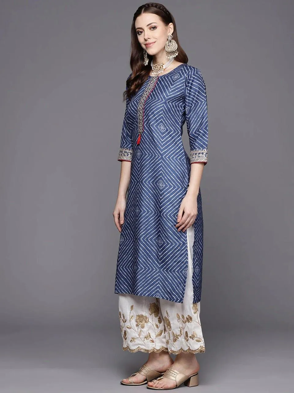 Blue And White Bandhej Printed Kurta With Cording And Sequins Embroidery