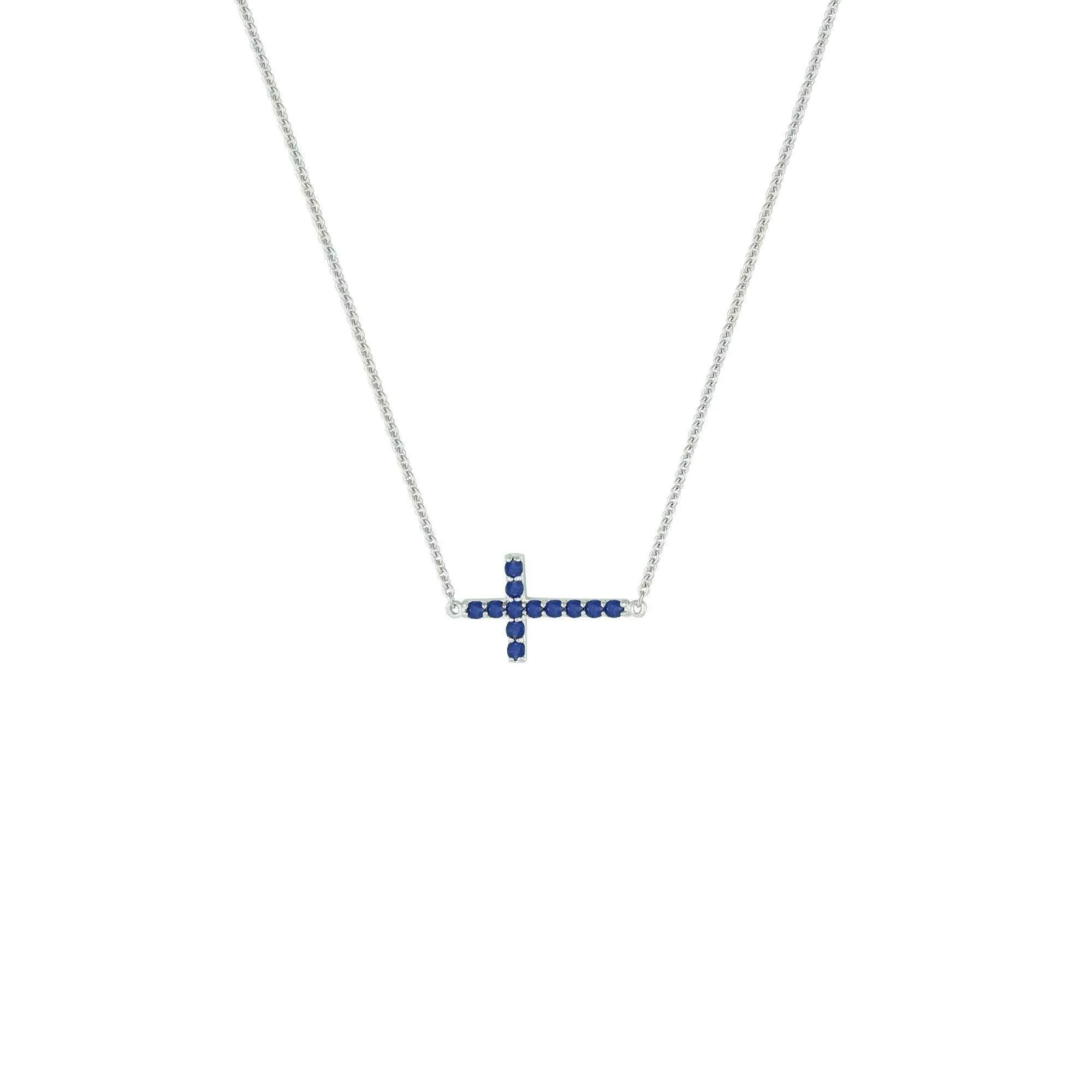 Blue Sapphire Cross Necklace - Sideways Cross Necklace in Sterling Silver with Created Blue Sapphire