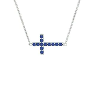 Blue Sapphire Cross Necklace - Sideways Cross Necklace in Sterling Silver with Created Blue Sapphire