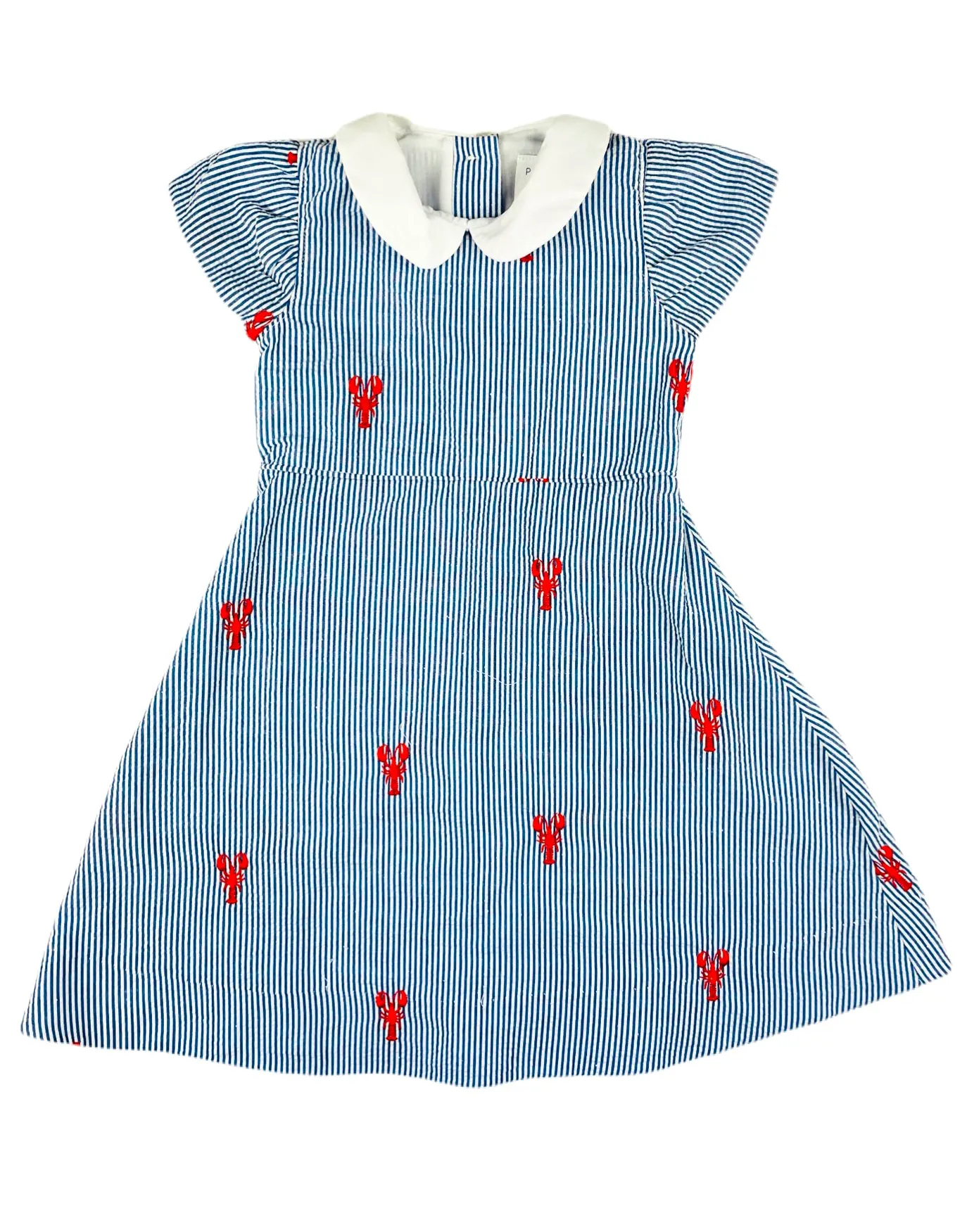 Blue Seersucker Girls Dress with Red Embroidered Lobsters and Peter Pan Collar