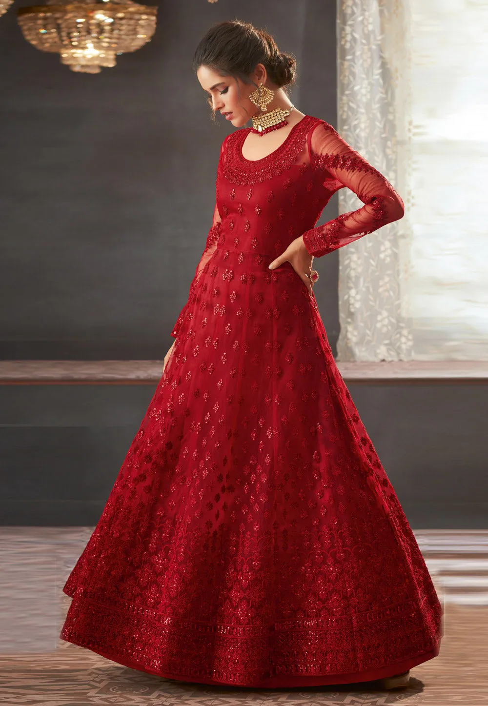 Bridal Red Embroidered Anarkali Gown