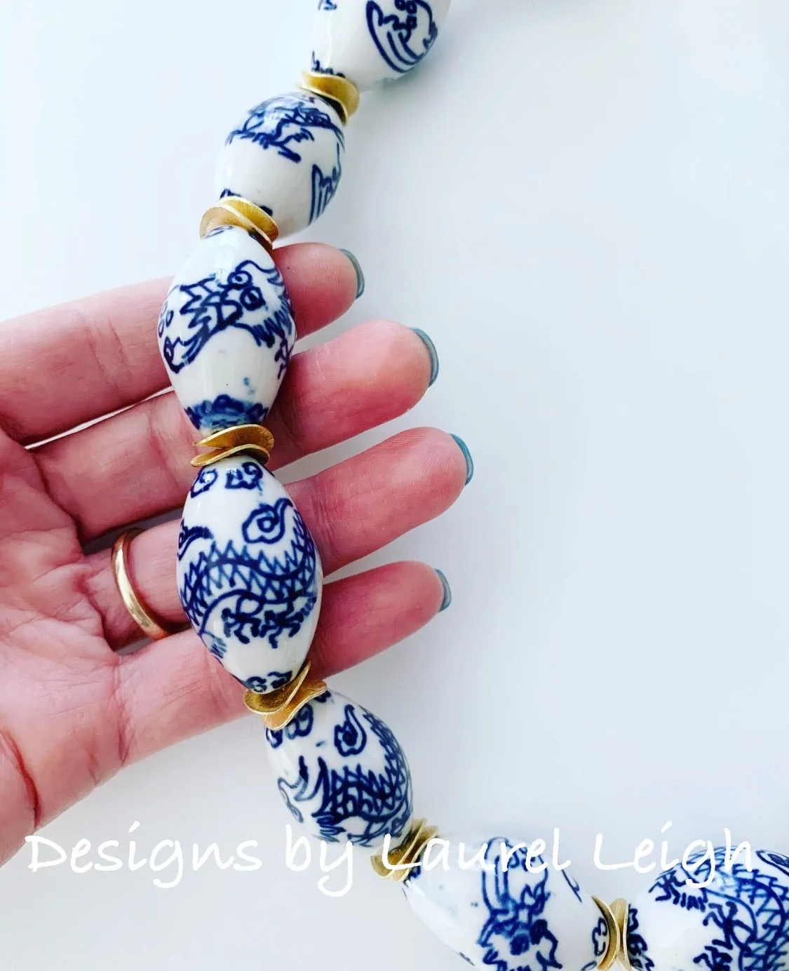 Chunky Blue and White Chinoiserie Dragon Statement Necklace