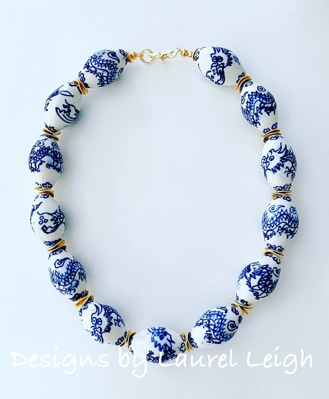 Chunky Blue and White Chinoiserie Dragon Statement Necklace