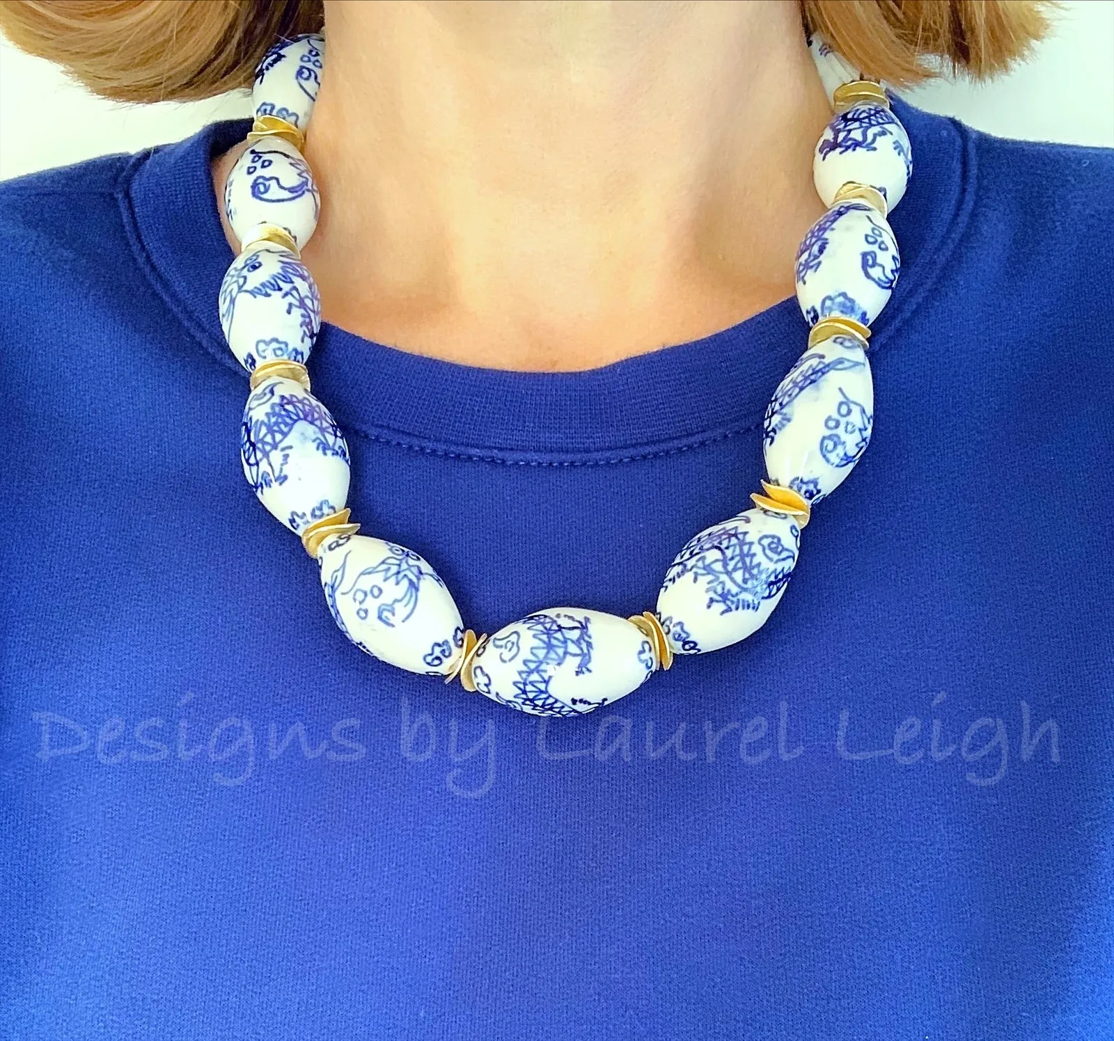 Chunky Blue and White Chinoiserie Dragon Statement Necklace