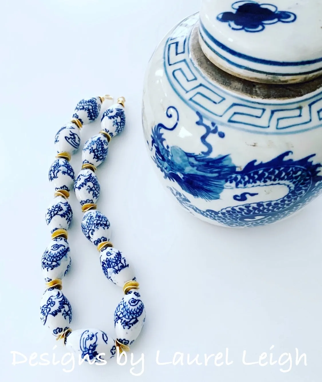 Chunky Blue and White Chinoiserie Dragon Statement Necklace