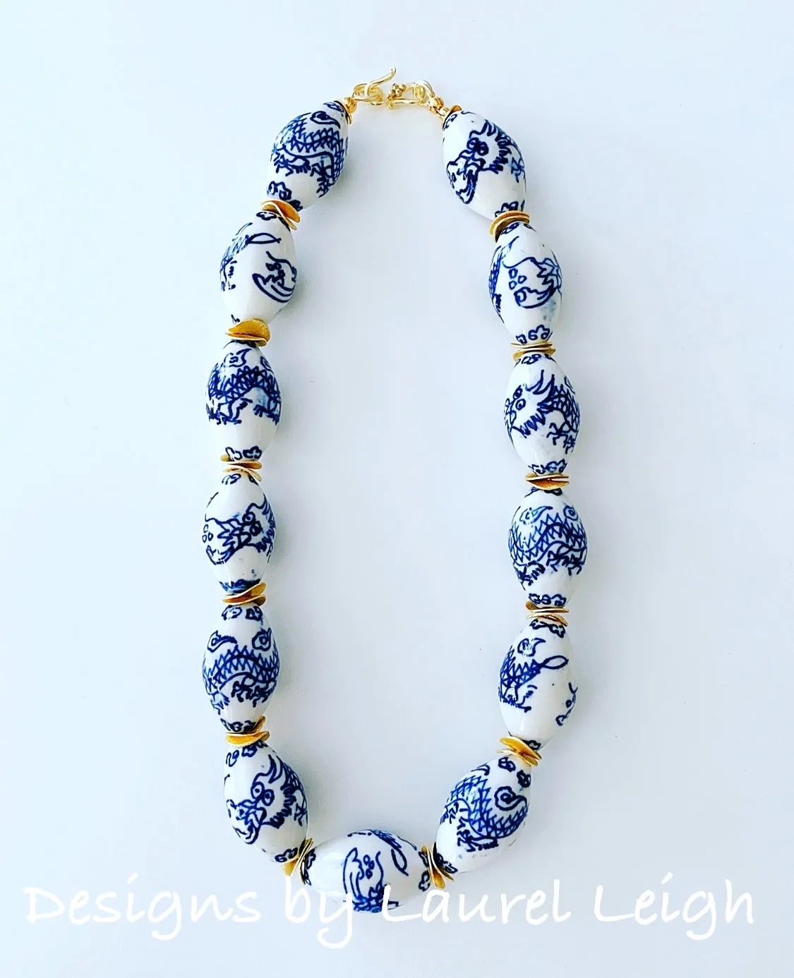 Chunky Blue and White Chinoiserie Dragon Statement Necklace