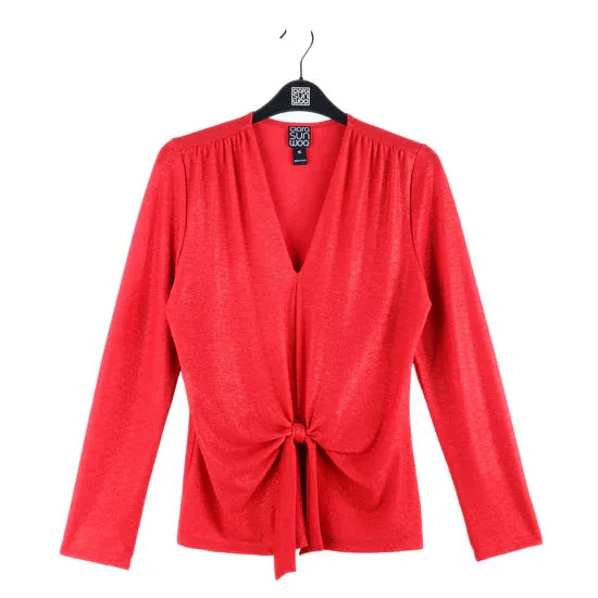 CLARA SUN WOO Glimmer Speck - V-Neck Center Front Tie Top - Red