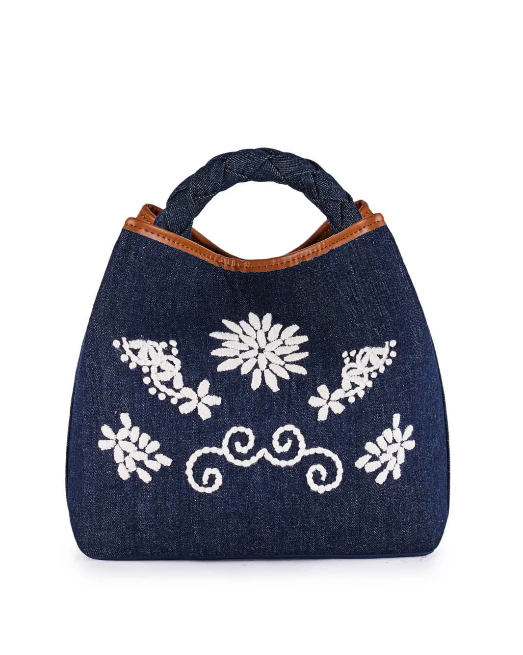 Coral Trim Denim Embroidered Crossbody Bag