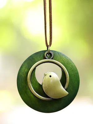 Cute Metal Bird Shape Round Wood Pendant Necklace