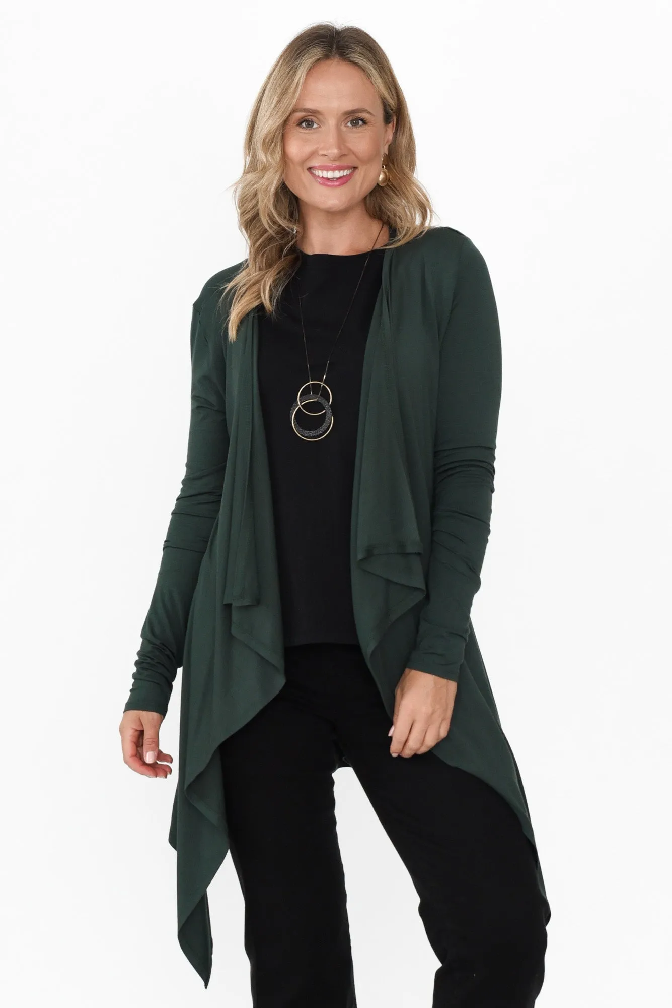 Dark Green Bamboo Waterfall Cardigan