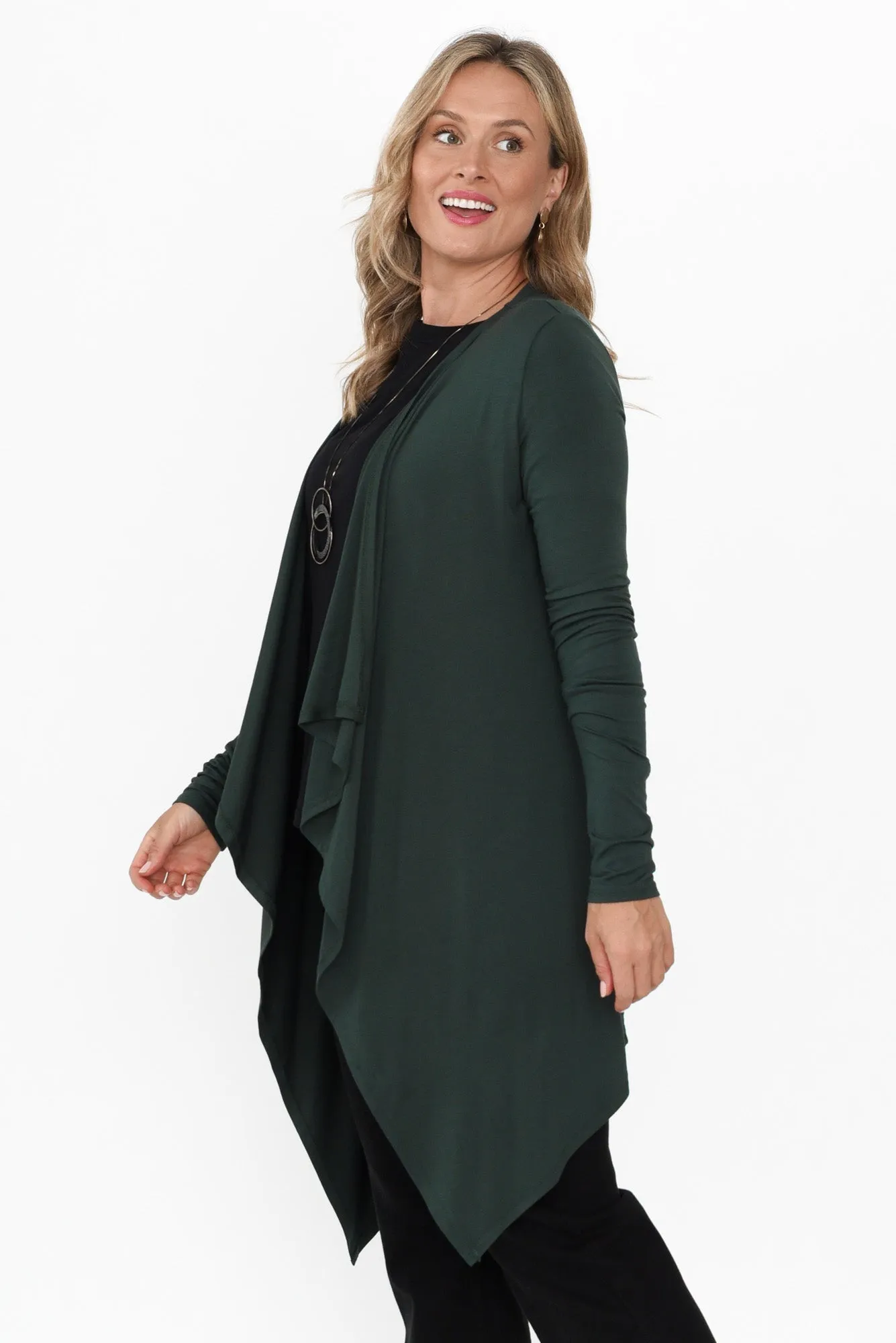 Dark Green Bamboo Waterfall Cardigan