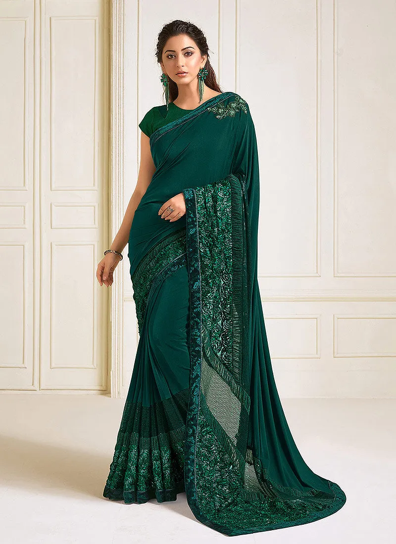 Dark Green Sequence Embroidered Designer Saree