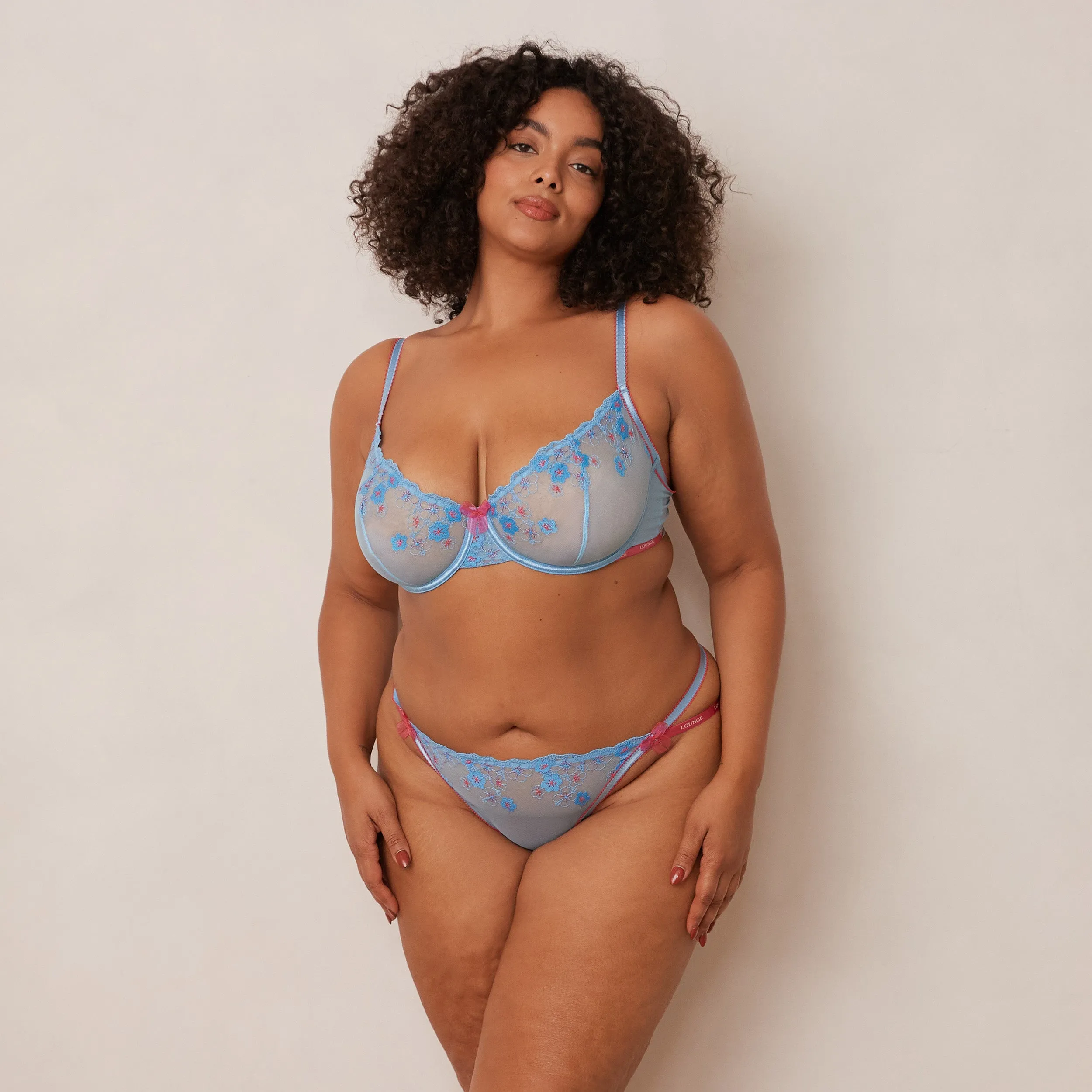 Floral Embroidered Balcony Bra  - Blue