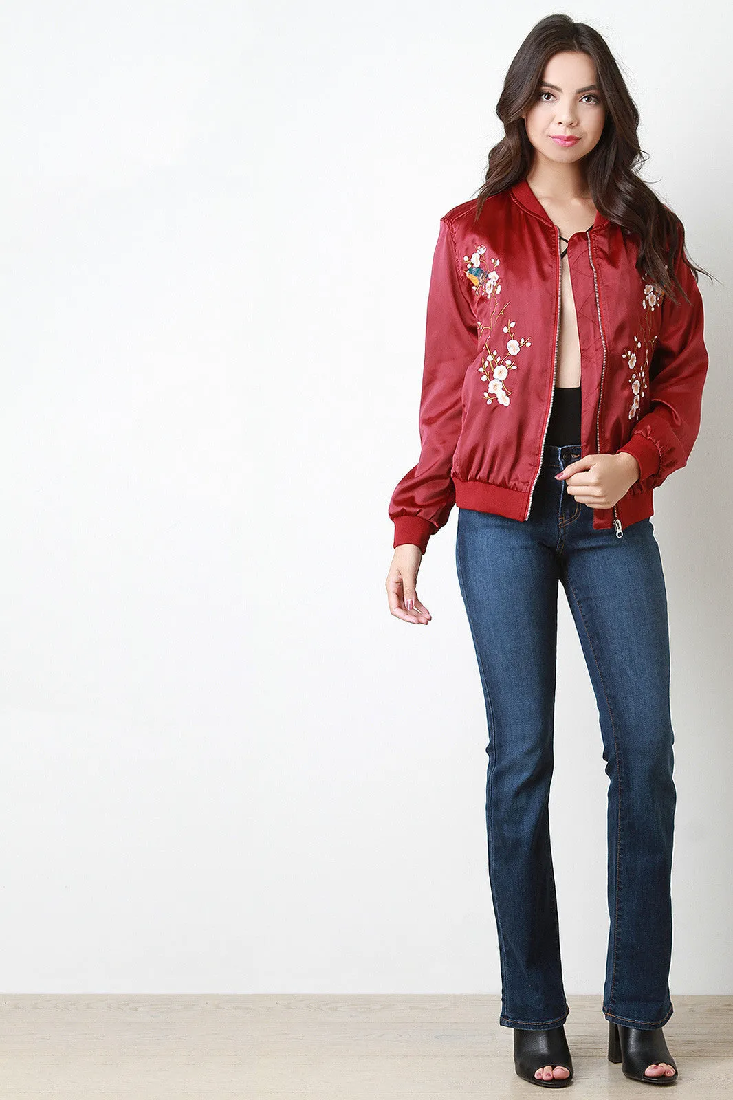 Floral Embroidered Charmeuse Bomber Jacket