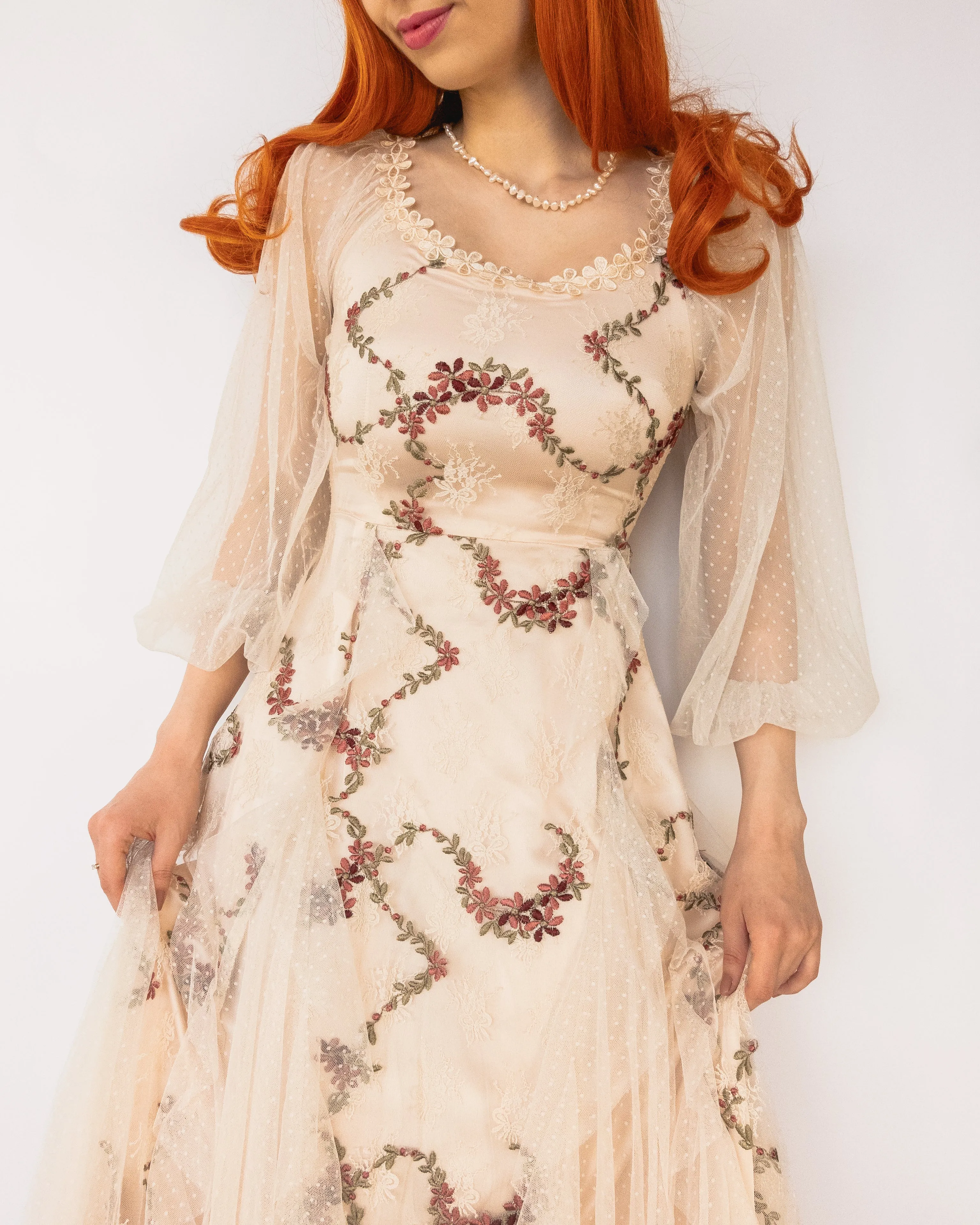 Floral Embroidered Maxi Dress with Mesh Ruffles Cream