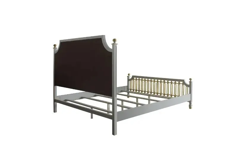 Florence King Bed, Beige Faux Leather & Pearl Gray Finish