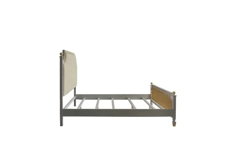 Florence King Bed, Beige Faux Leather & Pearl Gray Finish