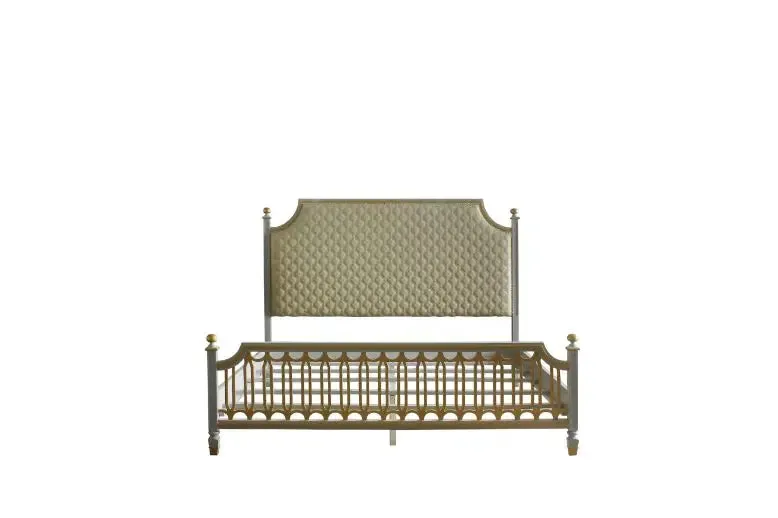 Florence King Bed, Beige Faux Leather & Pearl Gray Finish