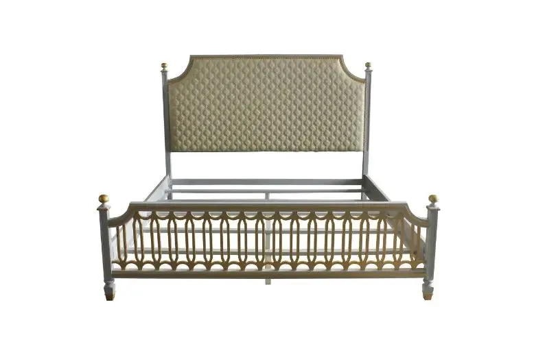 Florence King Bed, Beige Faux Leather & Pearl Gray Finish