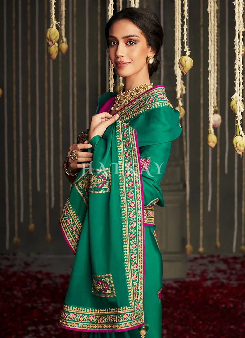 Green And Pink Embroidered Satin Silk Saree