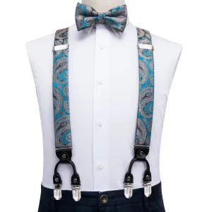 Hi-Tie Luxury Blue Paisley Suspender Bowtie Pocket Square Cufflinks Set