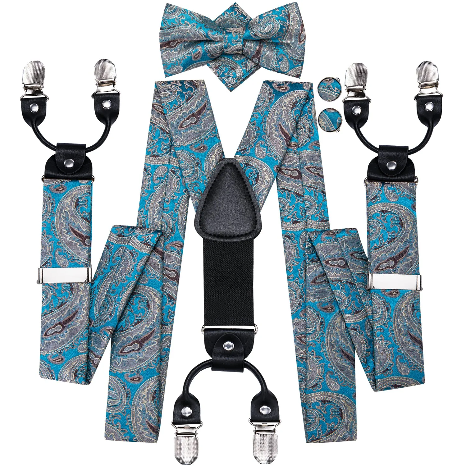 Hi-Tie Luxury Blue Paisley Suspender Bowtie Pocket Square Cufflinks Set