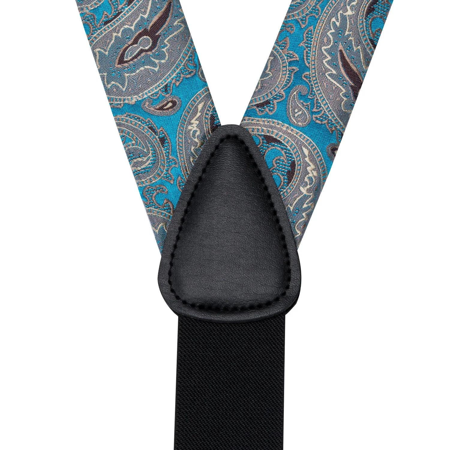 Hi-Tie Luxury Blue Paisley Suspender Bowtie Pocket Square Cufflinks Set