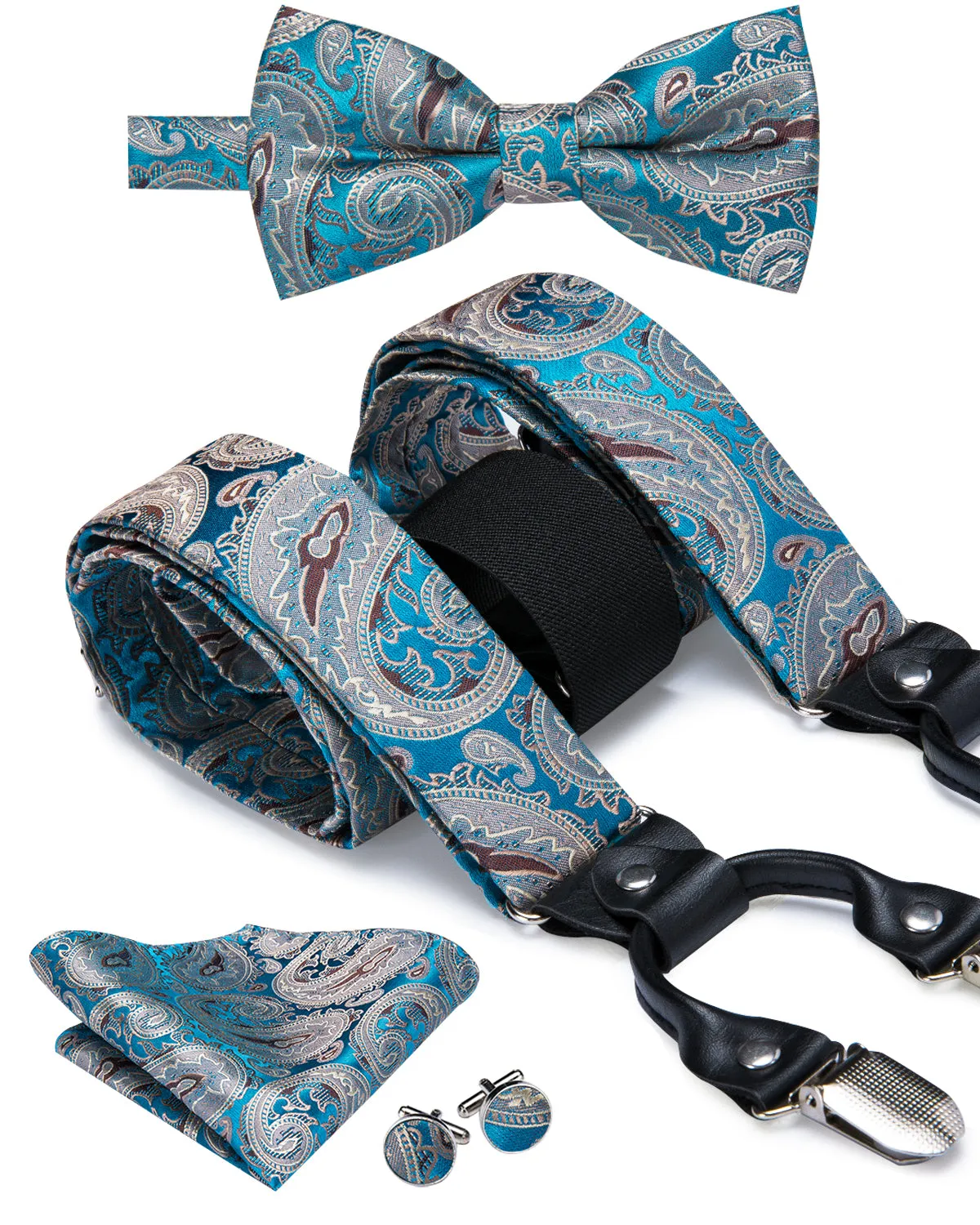 Hi-Tie Luxury Blue Paisley Suspender Bowtie Pocket Square Cufflinks Set