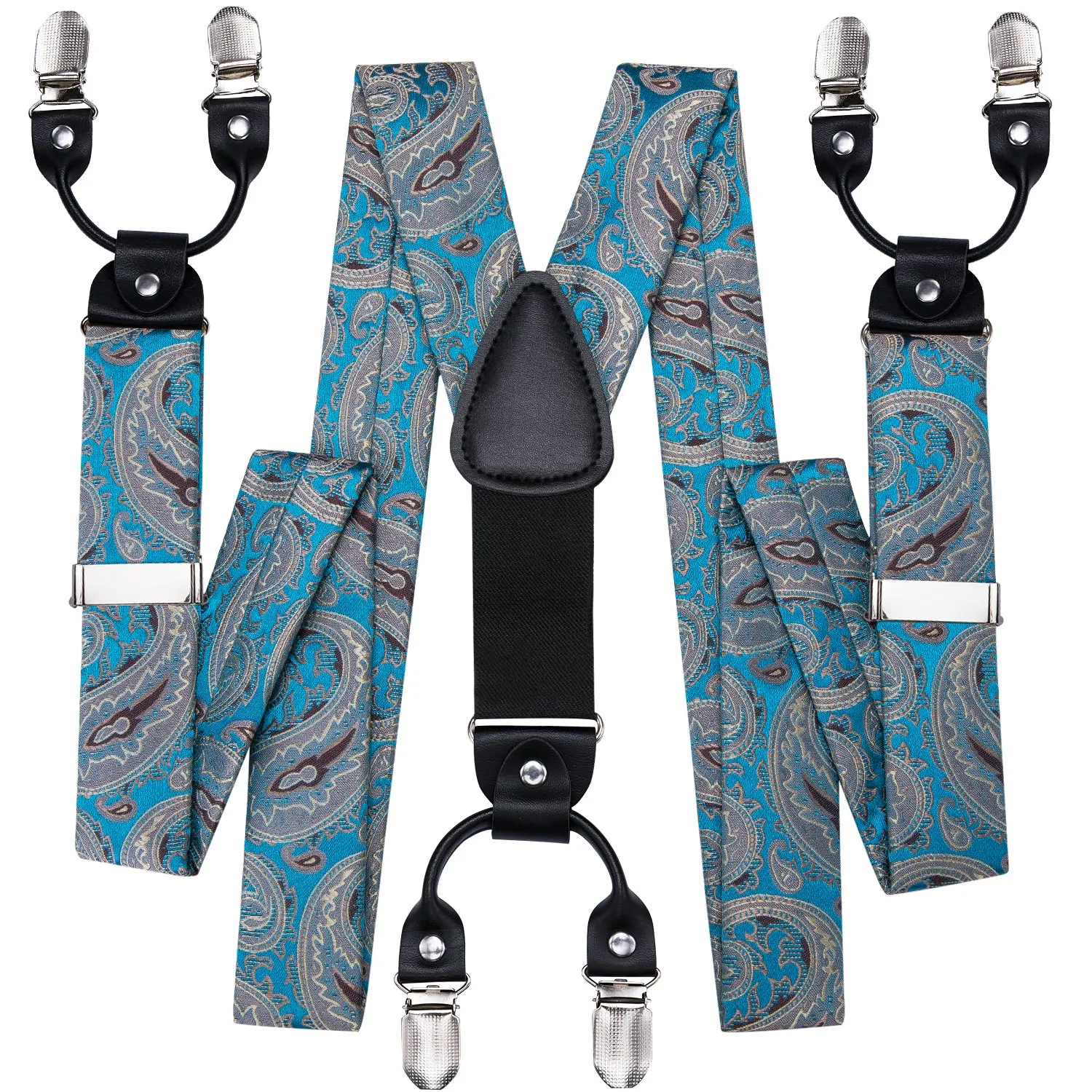 Hi-Tie Luxury Blue Paisley Suspender Bowtie Pocket Square Cufflinks Set