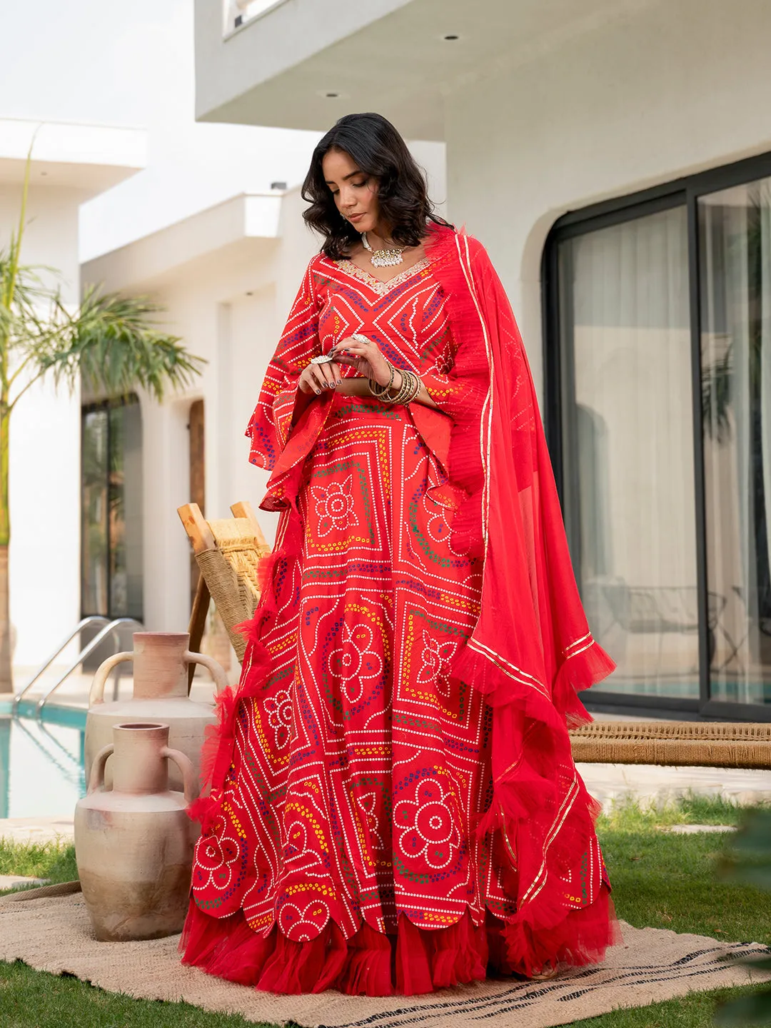 Jashvi Bandhani Printed Cotton Lehenga & Blouse With Dupatta