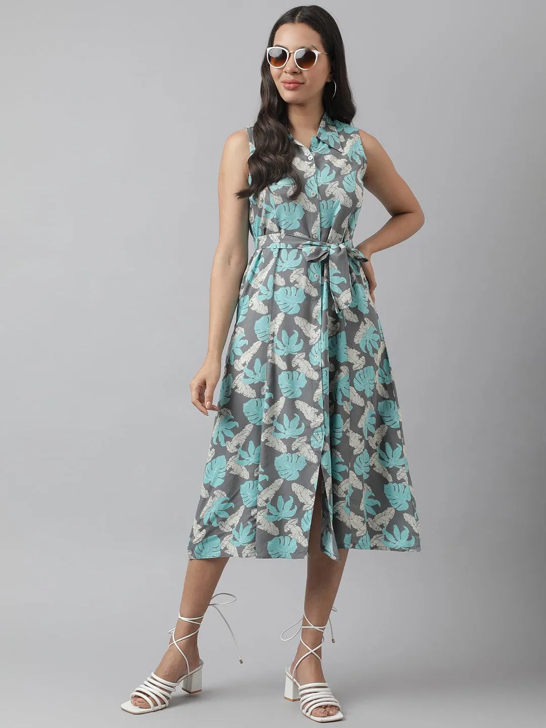 Jashvi Rayon Grey A-Line Floral Printed Midi Dress