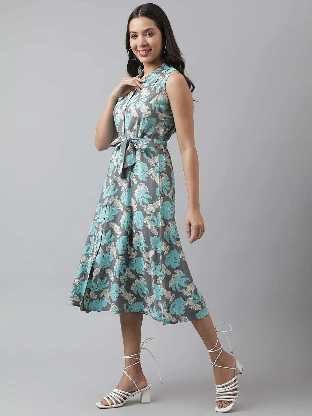 Jashvi Rayon Grey A-Line Floral Printed Midi Dress